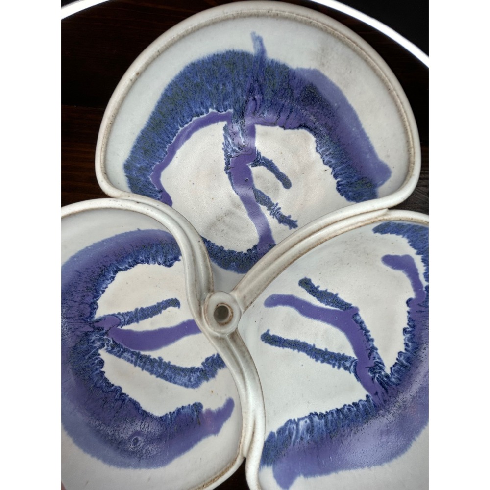 Vintage Handmade Pottery 3-Section Divided Dish Purple Blue Drip Glaze - Picture 2 of 8